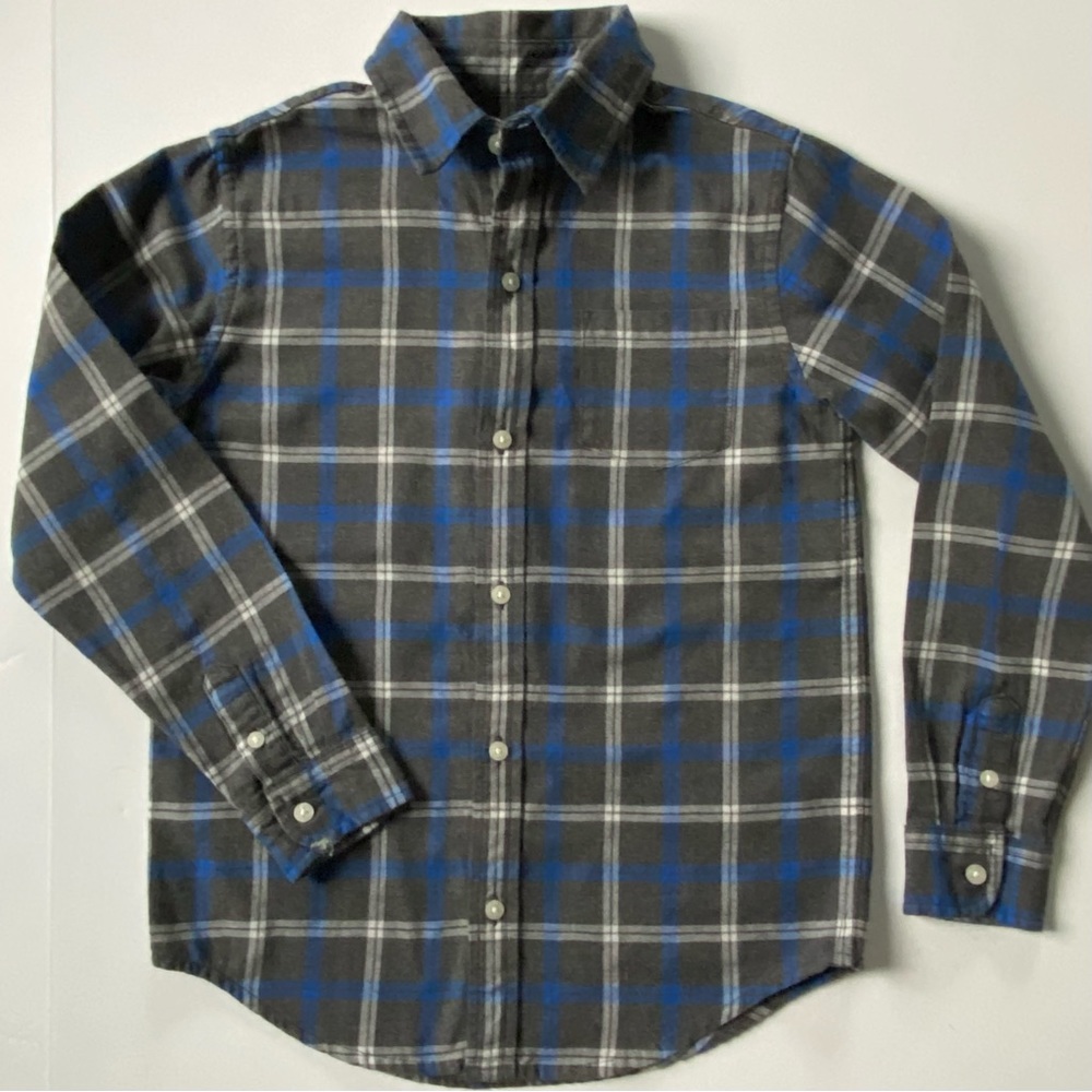 Janie and Jack Shirt Size 8 Boys Button Up Plaid Dress Gray Blue 100% Cotton EUC